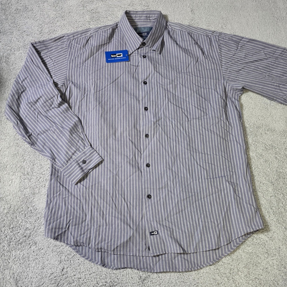 Wilke Rodriguez Mens L Button Down Shirt Blue Grey Striped Long Sleeve Cotton
